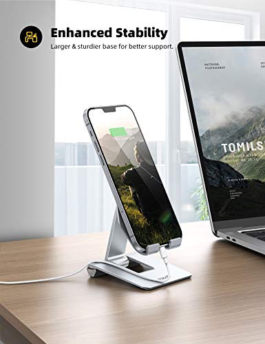 Lamicall Aluminum Metal Adjustable Cell Phone Stand Desk - Heavy Duty Foldable Desktop Phone Holder, for iPhone 17 16 15 14, Plus, Pro, Pro Max, 13 12 Plus, Galaxy S26 25, 4-11'' Sliver