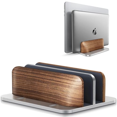 LOXP Vertical Laptop Stand, [Dual Slot Wooden + Aluminum Laptop Holder], Desktop Adjustable MacBook Stand, Adjustable Base, for MacBook Pro/Air, (up to 17.3-inch All laptops) - color: silver