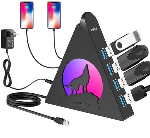 Powered USB Hub 3.0, 6-Port Hub(4 USB 3.0 Data Ports + 2 Smart Charging Ports) with 48W AC Adapter, RGB Wolf Light, Compatible with PC, Laptop, Mac, External Hard Drives, PS4, Fast Charging for Phone - color: Black