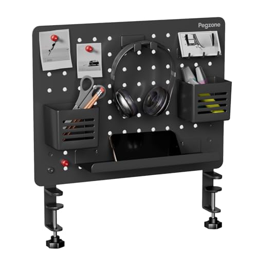 PEGZONE Clamp on Desk Pegboard, 16.5" x 12.6", with 10 Accessories, Black | Magnetic Metal Peg Board, Desk Organizer for Office Gaming Home, Privacy Panel, Medium - color: Black, size: Medium