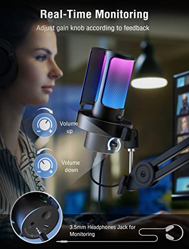 FIFINE Gaming USB Microphone, PC Computer Mic with 4 Polar Patterns for Podcast Streaming Recording YouTube, RGB Condenser Desktop Mic for Windows, Mac, with Headphone Jack-AmpliGame A8 Plus - size: A8PLUS-Desktop