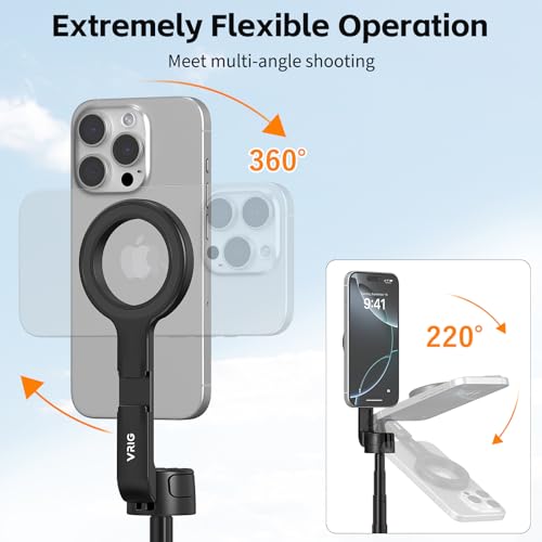 VRIG TP-27 Magnetic Pocket Selfie Stick Tripod for iPhone, 21" Extendable Phone Tripod with Cold Shoe and Magnetic Phone Holder, Compatible with iPhone 17 16 15 14 13 12 Series