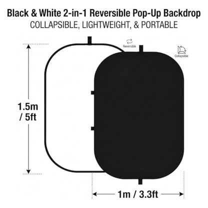 3.3x5ft/1x1.5m Black White Screen Chromakey Backdrop Kit with 6.23ft/1.9m Light Stand, 2-in-1 Reversible Collapsible Background Panel for Photography, Gaming, Video Shooting, Live Streaming - color: Black/White