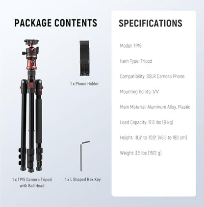 NEEWER Basics 70.9" Camera Tripod Monopod with Center Column & Ball Head, Quick Release Overhead DSLR Cell Phone Holder Stand Compatible with iPhone Travel Video Recording, 17.6 lbs Max Load, TP16 - style: TP16 w/Ball Head