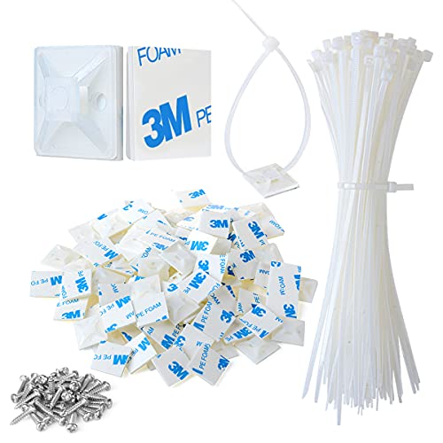 3/4" Strong Back-Glue Self Adhesive White Cable Zip Tie Mounts 100pcs with 8" Ties, Screws, Outdoor Sticky Wire Fasteners Cable Clips Management Anchors Organizer Holders Squares - color: White, size: 100 Piece