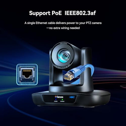 4K UHD PTZ Camera AI-Auto Tracking, 20X Optical Zoom, USB3.0/HDMI/LAN PoE, IP Live Streaming, PTZ Conference Room Camera for Church Services Education Conference Events, Work with YouTube OBS - color: Black