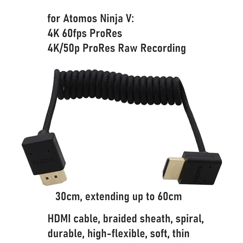 HDMI 8K 4K Cable for PC TV PS5 Xbox, ATOMOS Ninja V Shinobi, Sony A9III A7RV A7M4 FX3 FX30 FX6, Canon C80 C70 R1 R5 Mark II, Panasonic BGH1 S5IIX S1RII G9M2 GH5II, Braided Coiled - color: Black, size: Down to UP Angled