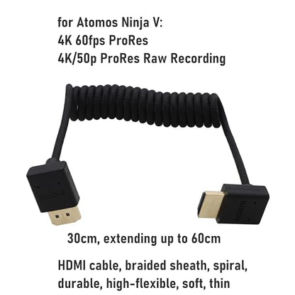 HDMI 8K 4K Cable for PC TV PS5 Xbox, ATOMOS Ninja V Shinobi, Sony A9III A7RV A7M4 FX3 FX30 FX6, Canon C80 C70 R1 R5 Mark II, Panasonic BGH1 S5IIX S1RII G9M2 GH5II, Braided Coiled - color: Black, size: Down to UP Angled