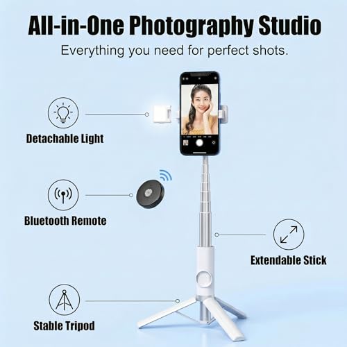 Selfie Stick Tripod Portable Extendable Cell Phone Stand with Detachable Mini Ring Light Phone Tripod Stand with Bluetooth Remote for iPhone Android for Vlogging/Travel/Live Streaming (White) - color: White