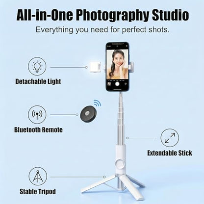 Selfie Stick Tripod Portable Extendable Cell Phone Stand with Detachable Mini Ring Light Phone Tripod Stand with Bluetooth Remote for iPhone Android for Vlogging/Travel/Live Streaming (White) - color: White