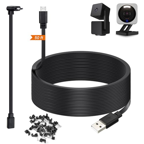 50ft Power Cable for Wyze Cam v4, Wyze Cam Pan v3, Wyze OG, v3 Pro Security Cameras - 15m Long Flat USB to Micro USB Charging Extension Cord with L-Shaped Adapter, Black - color: Black