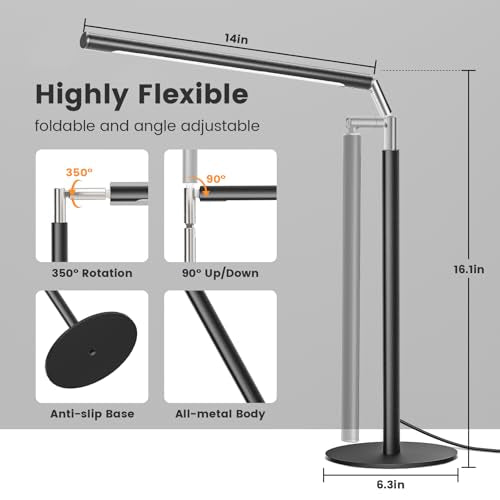 SIBRILLE Metal LED Desk Lamp, 16" Dimmable Desk Light with Base, 15W 1200LM, Adapter Included, Color & Brightness Adjustable, Modern Tall Table Lamp for Home Office Reading Study Task Laptop, Black - color: Black