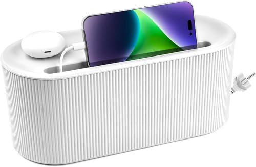 Cable Management Box,Desk Cord Organizer Box with Groove Cover,Plastic Cord Hider Box,Large Cable Box Organizer for Storaging Power Socket/TV/Computer/Router/Games Console Cable (White) - color: White
