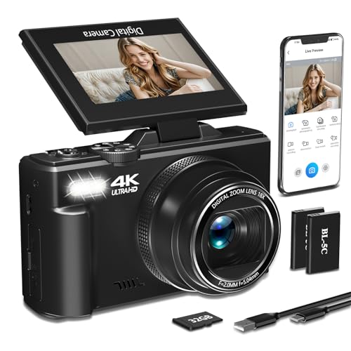 4K Digital Camera for Photography, 64MP HD WiFi Vlogging Camera for YouTube with 3" 180°Flip Screen, 18X Digital Zoom,Autofocus Compact Camera with Flash,32GB TF Card & 2 Batteries(Black) - color: Black