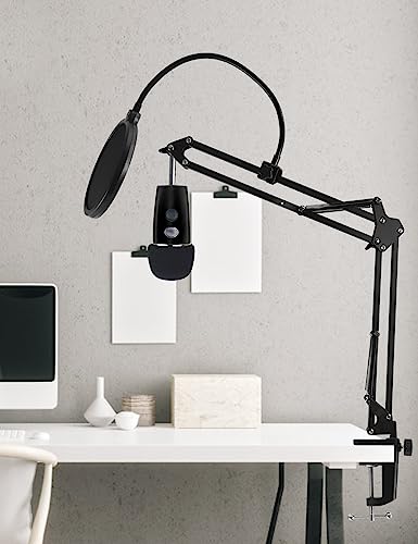 Boom Arm Mic Stand for Blue Yeti, Nano, HyperX QuadCast Snowball Fifine and More Mic, Adjustable Boom Arm Desk Microphone Stand with 3/8" to 5/8" 1/4" Screw, Pop Filter