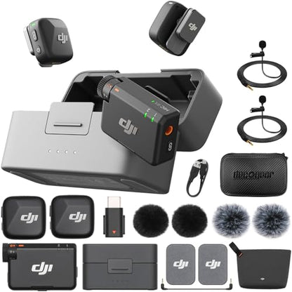 DJI Mic Mini (2 TX + 1 RX + Charging Case) Wireless Lavalier Microphone, Ultralight, Noise Cancelling, Up to 48-Hour Battery Life Bundle with 2 x Deco Gear Lapel Microphone and 5" EVA Case