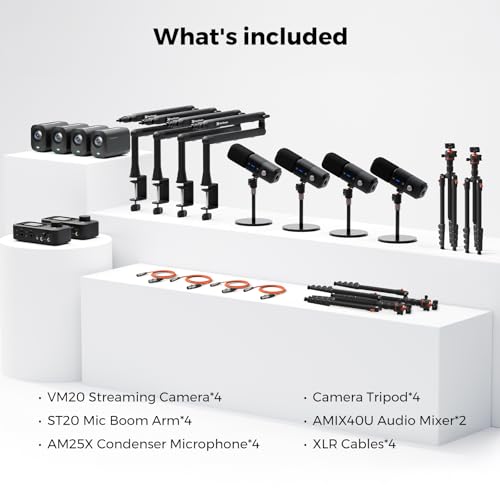 NearStream PodKit Quad, Podcasting Quad Kit, Podcast Bundle Includes 4 VM20 Streaming Camera, 4 AM25X Microphone, 4 ST20 Boom Arm, 2 AMIX40U Audio Mixer, 4 Camera Tripod and 4 XLR Cables - style: Podcasting Quad Kit