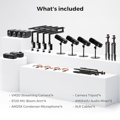 NearStream PodKit Quad, Podcasting Quad Kit, Podcast Bundle Includes 4 VM20 Streaming Camera, 4 AM25X Microphone, 4 ST20 Boom Arm, 2 AMIX40U Audio Mixer, 4 Camera Tripod and 4 XLR Cables - style: Podcasting Quad Kit