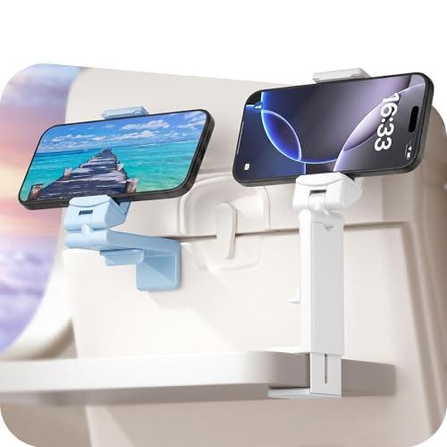 Perilogics Airplane Phone Holder Mount Universal in Flight Hands Free Viewing with Multi-Directional Dual 360 Degree Rotation. The Go-to Choice for Frequent Flyers and Travelers’ Favorite. - color: Blue / White