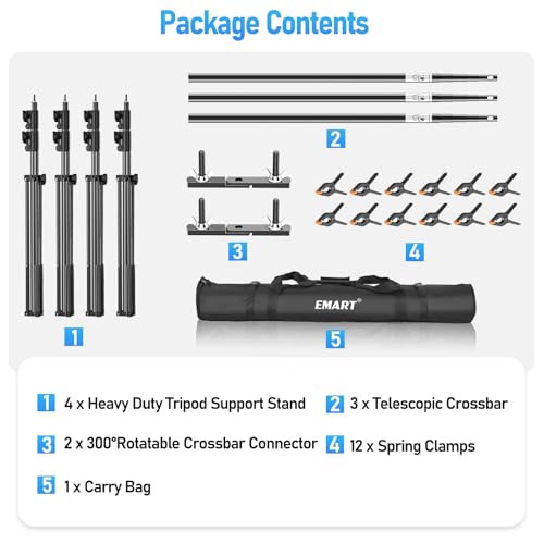 EMART Back Drop Adjustable Stand,30X10ft Backdrop Stand Heavy Duty Photography Background Support System Kit with 300° Angle Rotatable Connector and 12 Spring Clamps for Parties,Wedding,Photo Studio - size: 30×10ft(W×H）