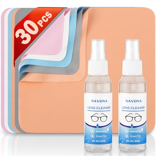 Navona 30 Pack Microfiber Glasses Cleaning Cloths with 2 Lens Cleaner Sprays | Premium Eyeglass Cleaning Cloths for Glasses, Sunglasses, Camera Lens & Screens – Streak-Free, Safe for Electronics