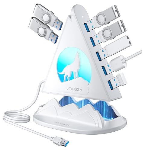 USB Hub 3.0, 7-Port USB Hub with RGB Night Light and Base, Vertical USB a Splitter for Desktop,Laptop, MacBook, Game Console, Flash Drive, XPS, PC, Printer, Camera, Keyboard（White+Base） - color: white