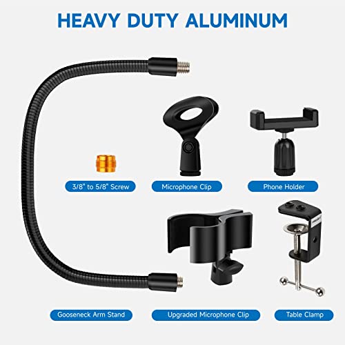 Microphone Stand 13" Flexible Gooseneck Desktop Mic Stand Multi-Function Mic Stand Phone Holder with Upgraded Mic Clip and Heavy Duty Desk Clamp, 3/8" to 5/8" Screw Adapter for Universal Mic - size: 13INCHS-1PACK