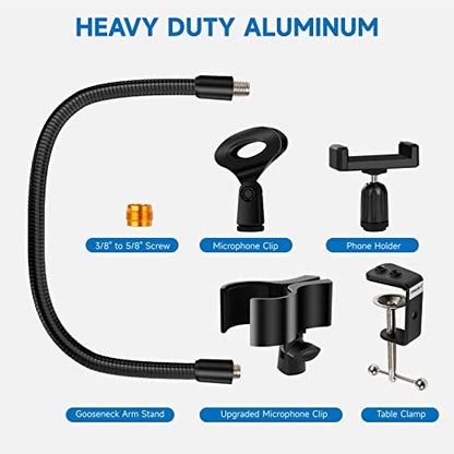 Microphone Stand 13" Flexible Gooseneck Desktop Mic Stand Multi-Function Mic Stand Phone Holder with Upgraded Mic Clip and Heavy Duty Desk Clamp, 3/8" to 5/8" Screw Adapter for Universal Mic - size: 13INCHS-1PACK