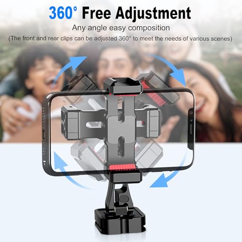 Manbily Phone Tripod Mount, Metal Smartphone Mount Adapter with Dual Phone Holder, 360° Swivel 180° Flip Adjustable Clip Clamp with Cold Shoe, for Selfie Stick Vlog Live Streaming