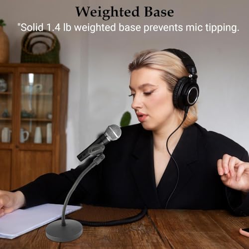 Desktop Gooseneck Microphone Stand with 12″ Flexible Arm, Heavy Die‑Cast Weighted Base, Mic Clip & 3/8″–5/8″ Adapter – Ideal for Podcasting, Streaming & Broadcast - size: 12 inch