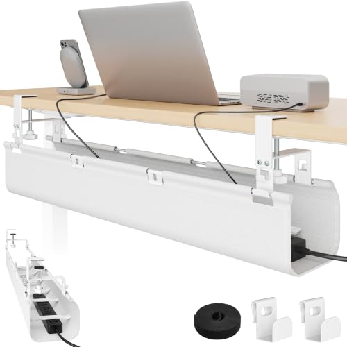 PEGZONE No Drill Under Desk Cable Management Tray, 31.5" Cord Management Under Desk for Table, Clamp Mount Desk Cable Management, Premium Fabric Wire Management Tray for Office, Home, White - color: White, size: 31.5"L × 6.1"W