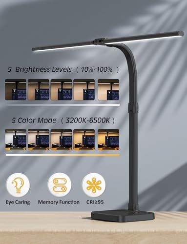 AKRRYR LED Desk Lamp for Home Office, Double Head 24W with Base, Architect Light 5 Lighting Brightness Flexible Gooseneck Table Reading Study, Black - color: Black-Desktop