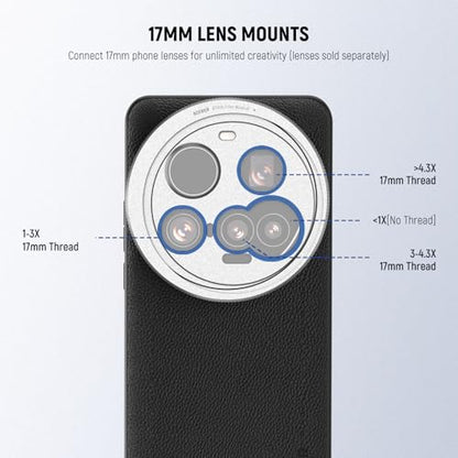 NEEWER 15 Ultra Case, Protective Phone Case Compatible with Xiaomi 15 Ultra, Heavy Duty TPU + PC Faux Leather with 17mm Lens Mounts & 67mm Filter Adapter for Wireless Charging, PA101 Black + Silver - style: Case for 15 Ultra/Black+Silver