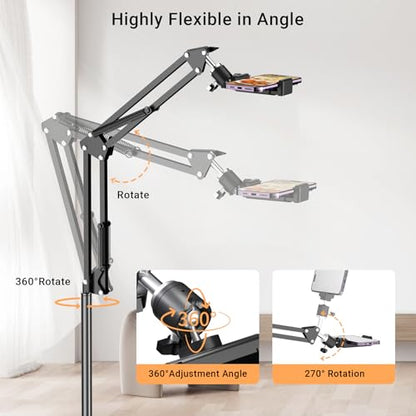 Floor Overhead Phone Mount, Phone Tripod Stand for Video Recording, Arm Holder Compatible with iPhone Camera with 1/4”Screw for Filming, Food Photograhy, Live Content Creation