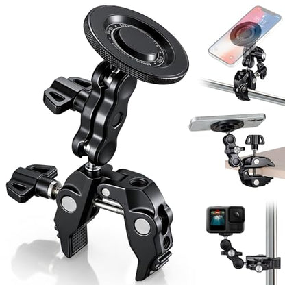 Facmogu Magnetic Phone Holder for Mic Stand, All-Metal 360° Rotatable Magnet Phone Mount with Clamp, Clip Phones Mount for Microphone & Music Stands, Compatible with Magsafe & iPhone 17/16/15/14/13/12