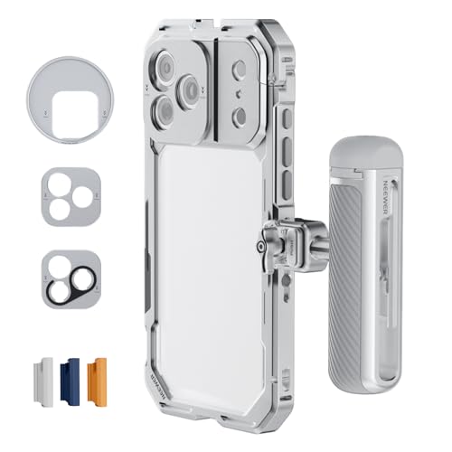 NEEWER Phone Cage Kit Compatible with iPhone 17 Pro Only, Video Rig Stabilizer Accessories with 67mm Filter Ring, 17mm & T Mount Lens Backplates, Quick Release Bluetooth Handle, PA143 (Silver) - color: Silver