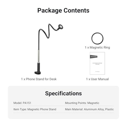 NEEWER Basics Magnetic Phone Stand for Desk, 360° Overhead Table Cellphone Holder Clamp Mount with Flexible Arm, Compatible with MagSafe iPhone Android Samsung for Bed Video Recording, PA151 Black - style: PA151 Black