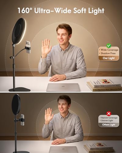 Full-Panel Ring Light with Stand and Extra-Long Flexible Phone Arm for Podcast & Streaming, 10" LED Video Light for Desk, Laptop & Computer, Dimmable Light for Video Recording & Content Creation