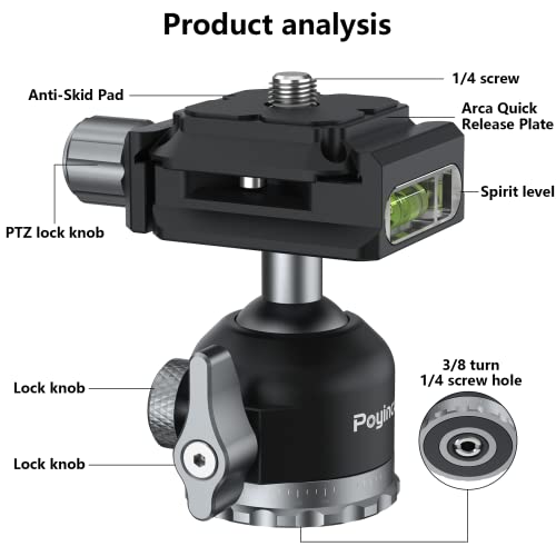Tripod Mini Ball Head 360 Degree Rotating Panoramic Ballhead with 1/4" Screw Quick Shoe Plate, for Tripod Monopod Slider DSLR Camera Camcorder,Max Load up to 5 kg/ 11lb - size: 1/4" quick shoe plate