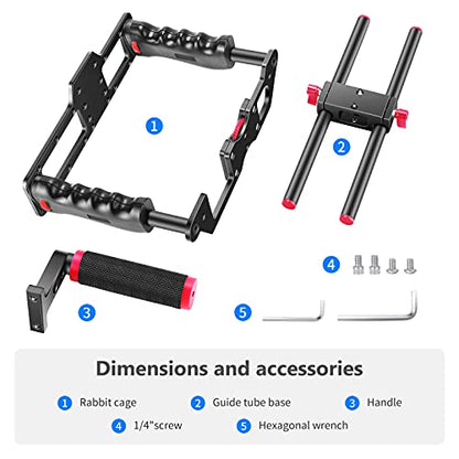 NEEWER Camera Video Cage Film Movie Making Kit, Aluminum Alloy with Top Handle, Dual Hand Grip, Two 15mm Rods, Compatible with Canon Sony Fujifilm Nikon DSLR Camera and Camcorder (Black + Red) - style: CG -MF Red