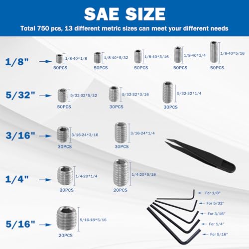 2000PCS Set Screws, 26 Sizes Metric & Sae Set Screw Assortment Kit, Allen Head Hex Socket Head Grub Screws for Bathroom Fixtures, Door Handles, 304 Stainless Steel (M3-M8, 1/8"-40 to 5/16"-18) - size: 2000PCS-Silver