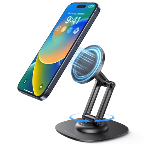 OMOTON 360° Rotating MS04 Magnetic Phone Stand for Desk, Adjustable Foldable Aluminum for MagSafe Cell Phone Stand with Non-Slip Base for iPhone 17/16/15 Pro Max Air for PC Gaming Women Men Gift - color: Black
