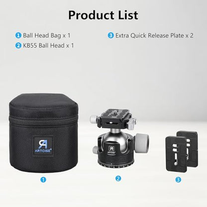 ARTCISE KB55F 55mm Low Profile Ball Head, Lever Release Panoramic Tripod Head, CNC Aluminum, Three Arca Swiss Quick Release Plate, Heavy Duty Camera Mount Max Load 40kg/88lbs
