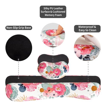 QIYI Leather Desk Mat Set, 4-in-1 Large Mouse Pad with Ergonomic Wrist Rest, Waterproof Desk Pad + Keyboard Wrist Rest + Mouse Wrist Support + Coaster, Non-Slip Office Gaming Accessories, Pink Flowers - color: Watercolor Pink Flowers
