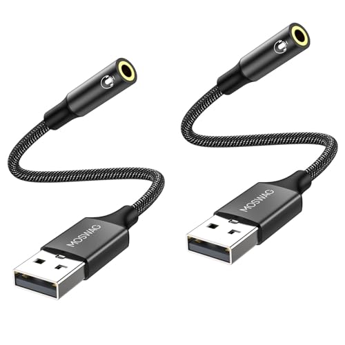 MOSWAG USB to Audio Jack Adapter 0.65Feet/20cm, External Sound Card Jack Audio Adapter with 3.5mm Aux Stereo Converter Compatible with Headset,PC,Laptop,Linux,Desktops,PS4 and More Device - color: Dark black, size: 2 pack
