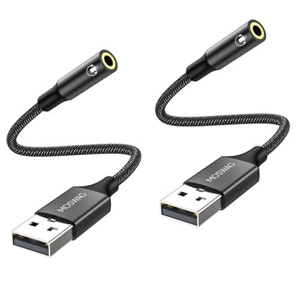 MOSWAG USB to Audio Jack Adapter 0.65Feet/20cm, External Sound Card Jack Audio Adapter with 3.5mm Aux Stereo Converter Compatible with Headset,PC,Laptop,Linux,Desktops,PS4 and More Device - color: Dark black, size: 2 pack