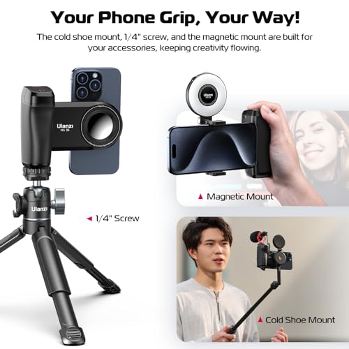 ULANZI Selfie Phone Tripod Mount MA35, 2-in-1 Magnetic & Phone Clip Camera Grip Handle Holder with Detachable Remote Shutter with Cold Shoe Adapter for iPhone 15 16 17 Samsung Video Shooting
