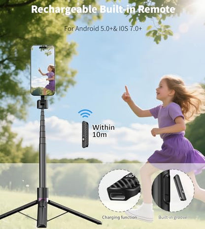 TONEOF 68" Magnetic Selfie Stick Tripod with Aluminum Strong Magnetic Holder for Magsafe, 360° Rotatable Travel Phone Tripod Stand with Metal Ring & Rechargeable Remote for iPhone/Android（Black） - color: Black