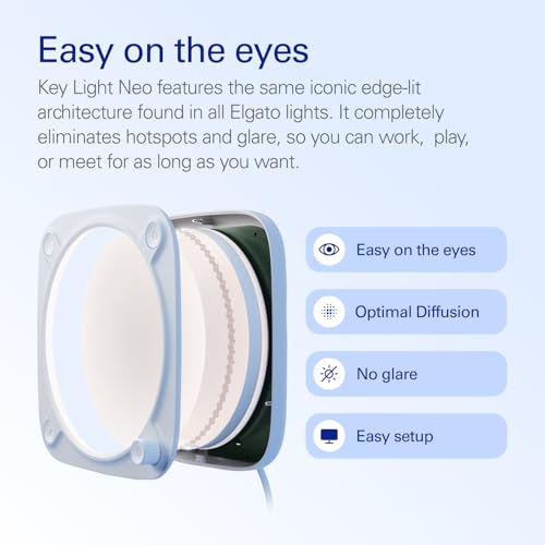 Elgato Key Light Neo, No Mount, Professional Studio Light | Adjusts for all skin tones, Up to 1000 lumens with USB power, Edge-lit, glare-free design, Fits stands and clamps - color: White, style: No Monitor Mount
