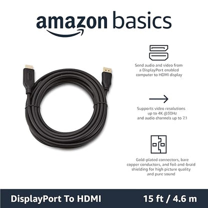 Amazon Basics DisplayPort to HDMI Cable, Uni-Directional, 4k@30Hz, 1920x1200, 1080P Full HD, Gold-Plated Plugs, 15 Foot, Black - size: 15 Feet, style: 1-Pack